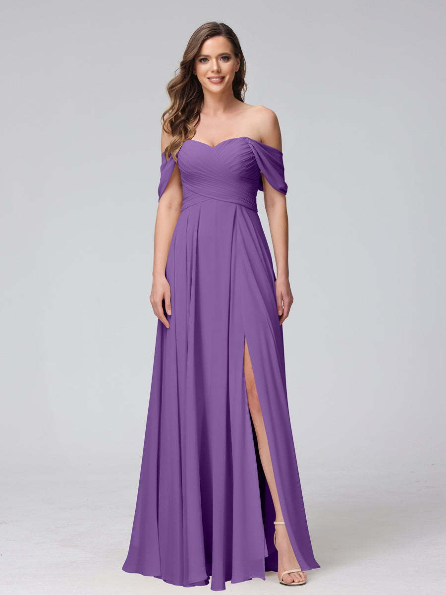 Princess A-Line Floor-Length Sleeveless Bridesmaid Dresses with Off-the-Shoulder Neckline, Side Split & Ruched Detail-BMbridal.UK
