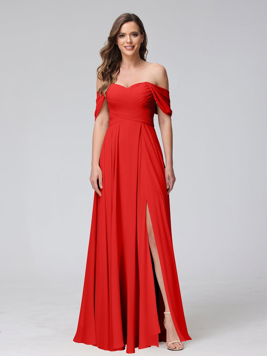 Princess A-Line Floor-Length Sleeveless Bridesmaid Dresses with Off-the-Shoulder Neckline, Side Split & Ruched Detail-BMbridal.UK