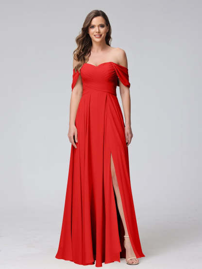Princess A-Line Floor-Length Sleeveless Bridesmaid Dresses with Off-the-Shoulder Neckline, Side Split & Ruched Detail-BMbridal.UK