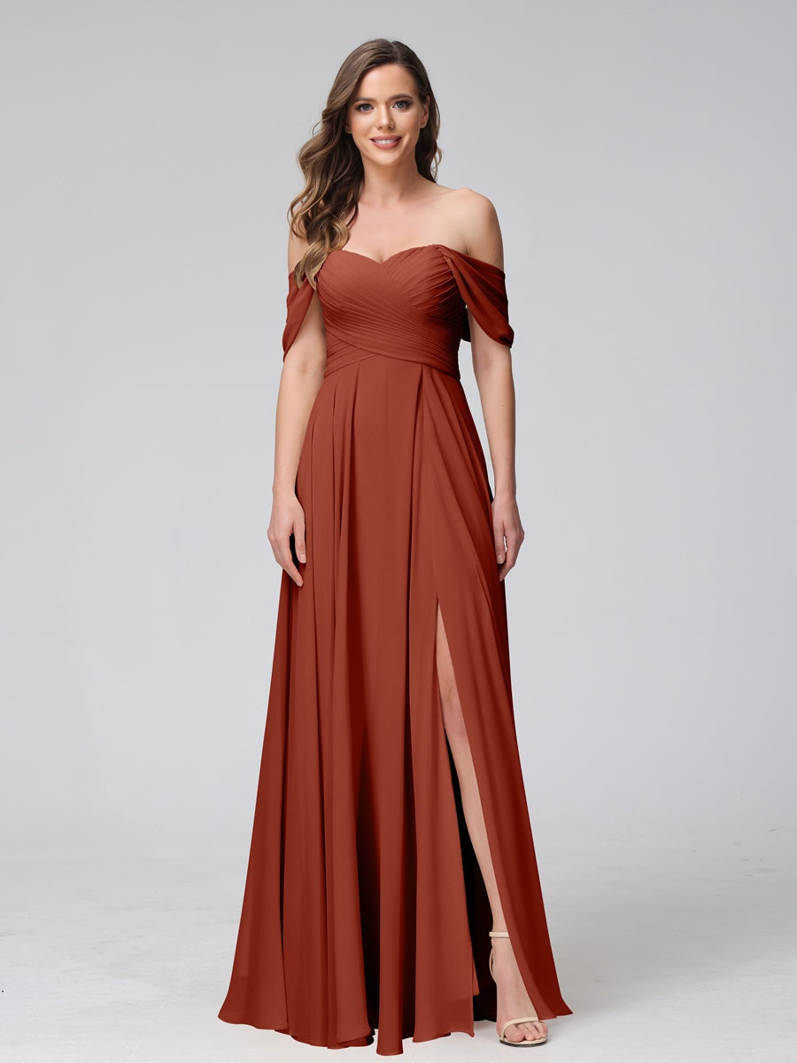 Princess A-Line Floor-Length Sleeveless Bridesmaid Dresses with Off-the-Shoulder Neckline, Side Split & Ruched Detail-BMbridal.UK