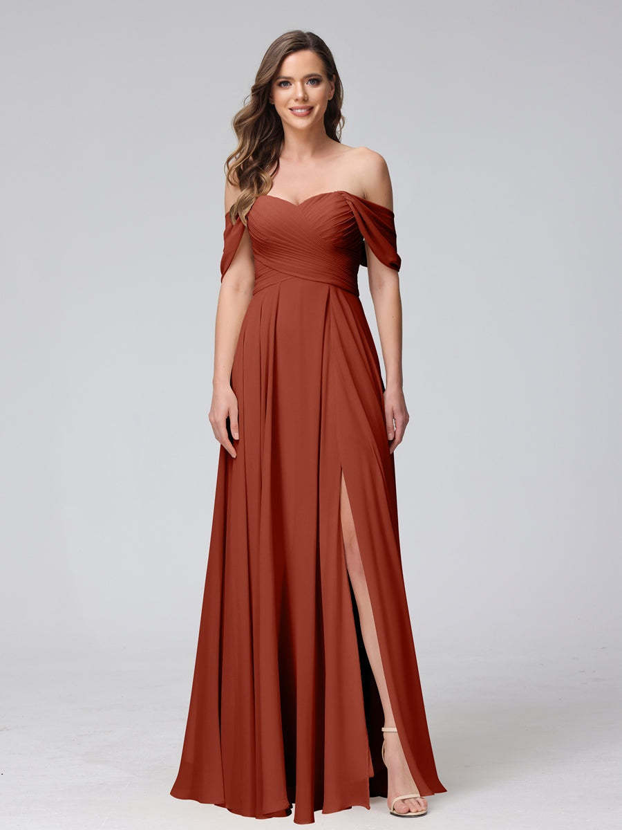 Princess A-Line Floor-Length Sleeveless Bridesmaid Dresses with Off-the-Shoulder Neckline, Side Split & Ruched Detail-BMbridal.UK