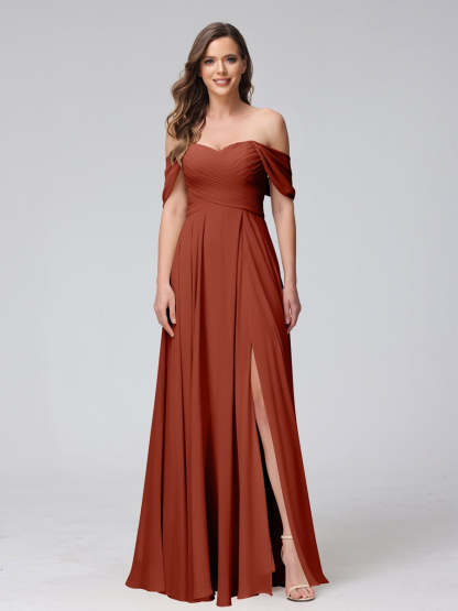 Princess A-Line Floor-Length Sleeveless Bridesmaid Dresses with Off-the-Shoulder Neckline, Side Split & Ruched Detail-BMbridal.UK