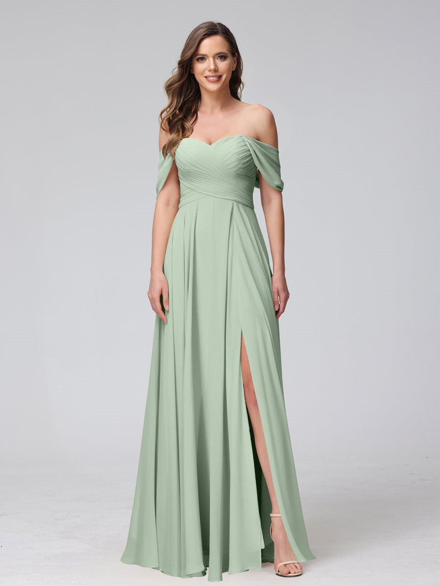 Princess A-Line Floor-Length Sleeveless Bridesmaid Dresses with Off-the-Shoulder Neckline, Side Split & Ruched Detail-BMbridal.UK