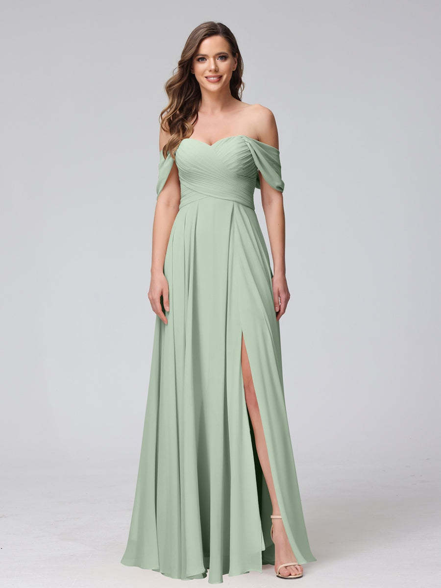 Princess A-Line Floor-Length Sleeveless Bridesmaid Dresses with Off-the-Shoulder Neckline, Side Split & Ruched Detail-BMbridal.UK