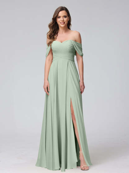 Princess A-Line Floor-Length Sleeveless Bridesmaid Dresses with Off-the-Shoulder Neckline, Side Split & Ruched Detail-BMbridal.UK