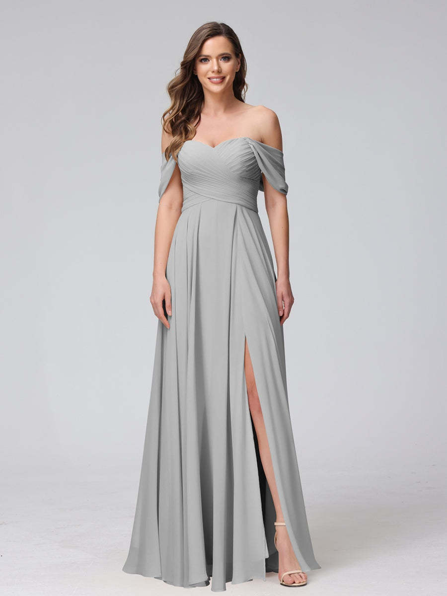 Princess A-Line Floor-Length Sleeveless Bridesmaid Dresses with Off-the-Shoulder Neckline, Side Split & Ruched Detail-BMbridal.UK