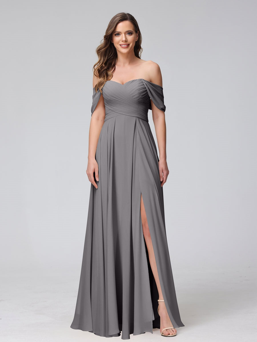 Princess A-Line Floor-Length Sleeveless Bridesmaid Dresses with Off-the-Shoulder Neckline, Side Split & Ruched Detail-BMbridal.UK