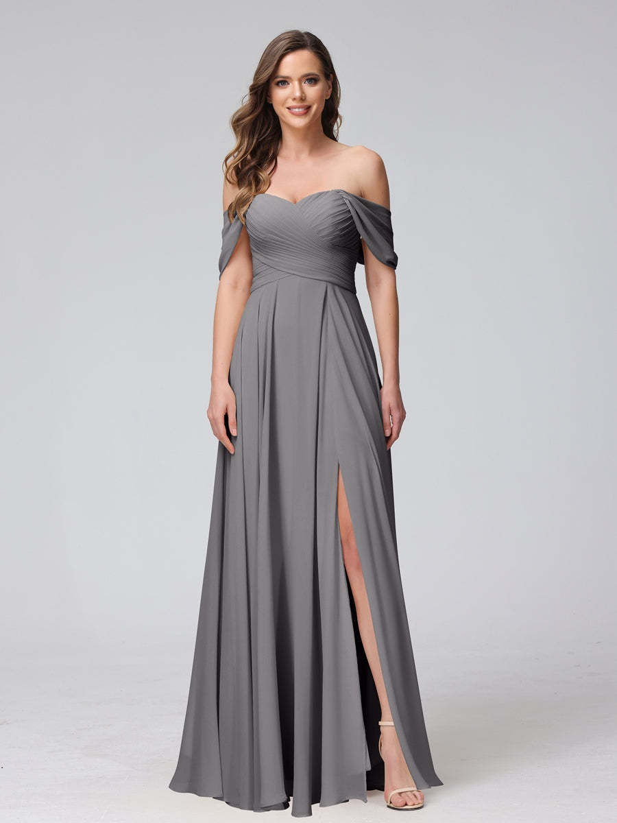 Princess A-Line Floor-Length Sleeveless Bridesmaid Dresses with Off-the-Shoulder Neckline, Side Split & Ruched Detail-BMbridal.UK