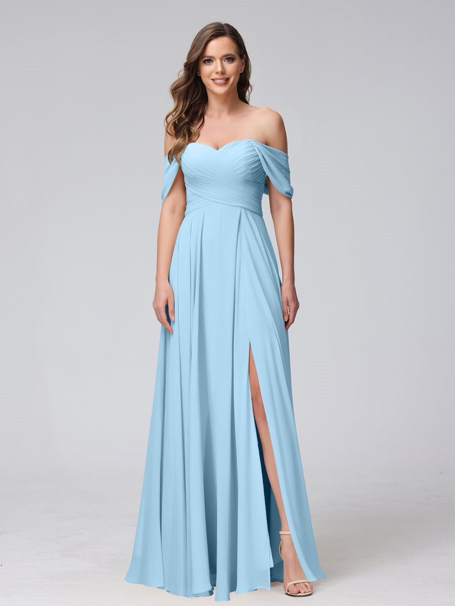 Princess A-Line Floor-Length Sleeveless Bridesmaid Dresses with Off-the-Shoulder Neckline, Side Split & Ruched Detail-BMbridal.UK