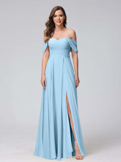 Princess A-Line Floor-Length Sleeveless Bridesmaid Dresses with Off-the-Shoulder Neckline, Side Split & Ruched Detail-BMbridal.UK