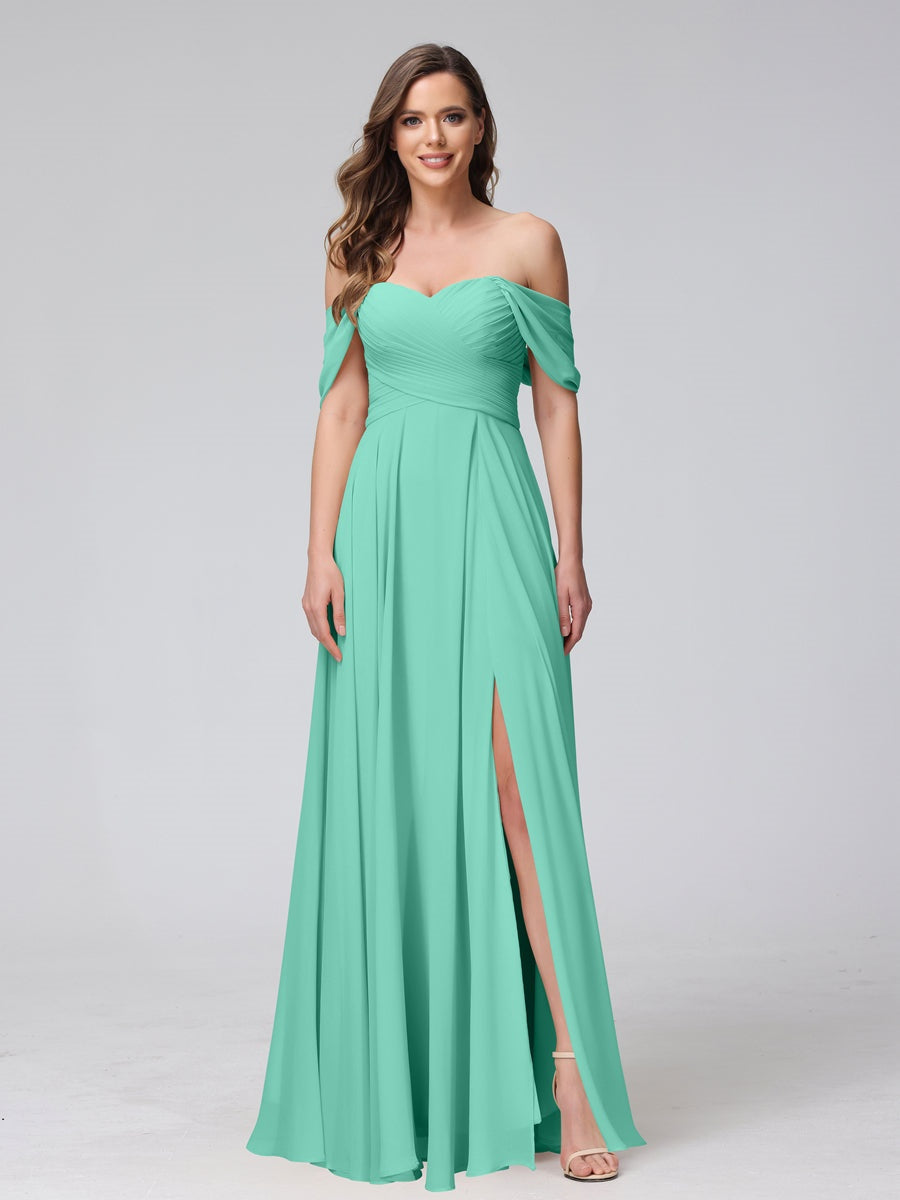 Princess A-Line Floor-Length Sleeveless Bridesmaid Dresses with Off-the-Shoulder Neckline, Side Split & Ruched Detail-BMbridal.UK