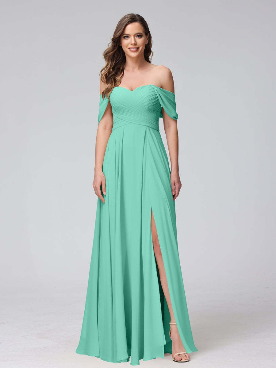 Princess A-Line Floor-Length Sleeveless Bridesmaid Dresses with Off-the-Shoulder Neckline, Side Split & Ruched Detail-BMbridal.UK