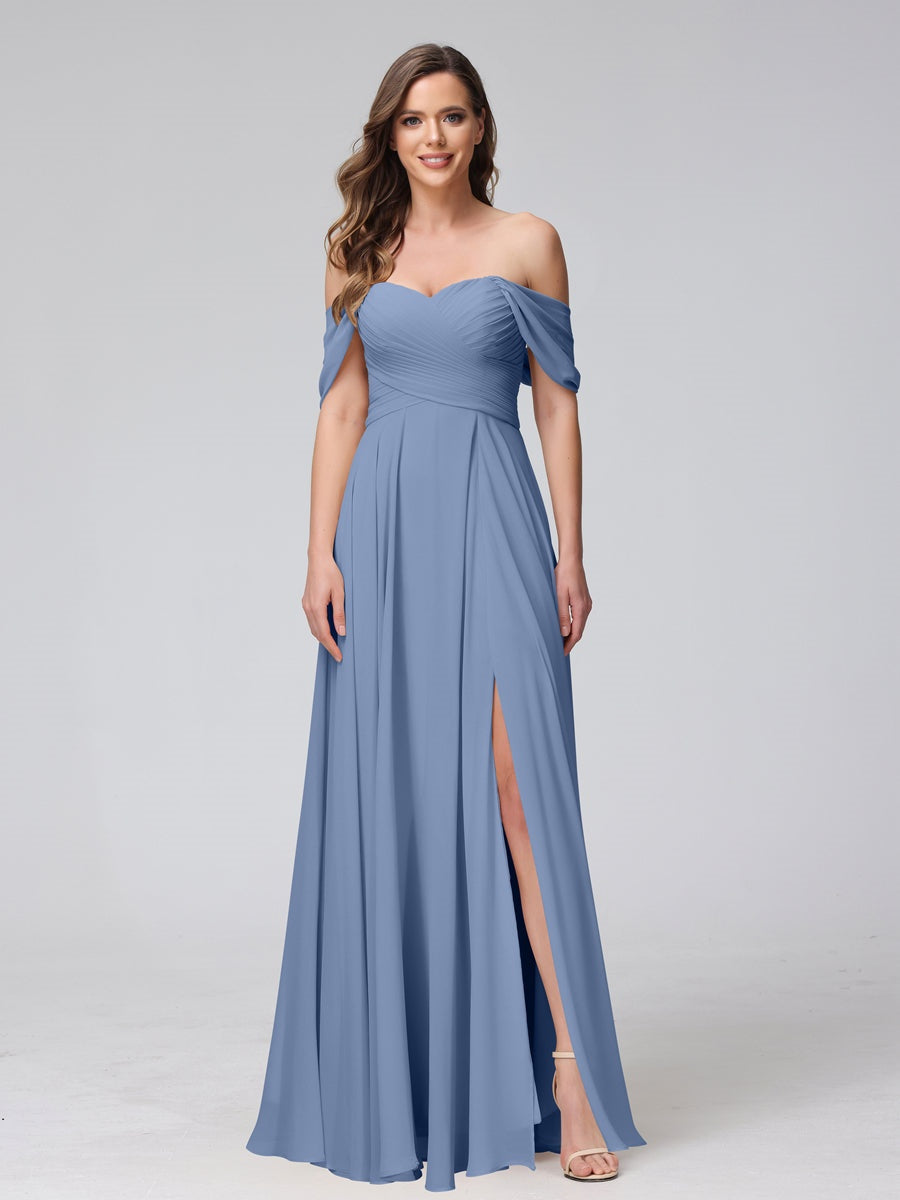 Princess A-Line Floor-Length Sleeveless Bridesmaid Dresses with Off-the-Shoulder Neckline, Side Split & Ruched Detail-BMbridal.UK
