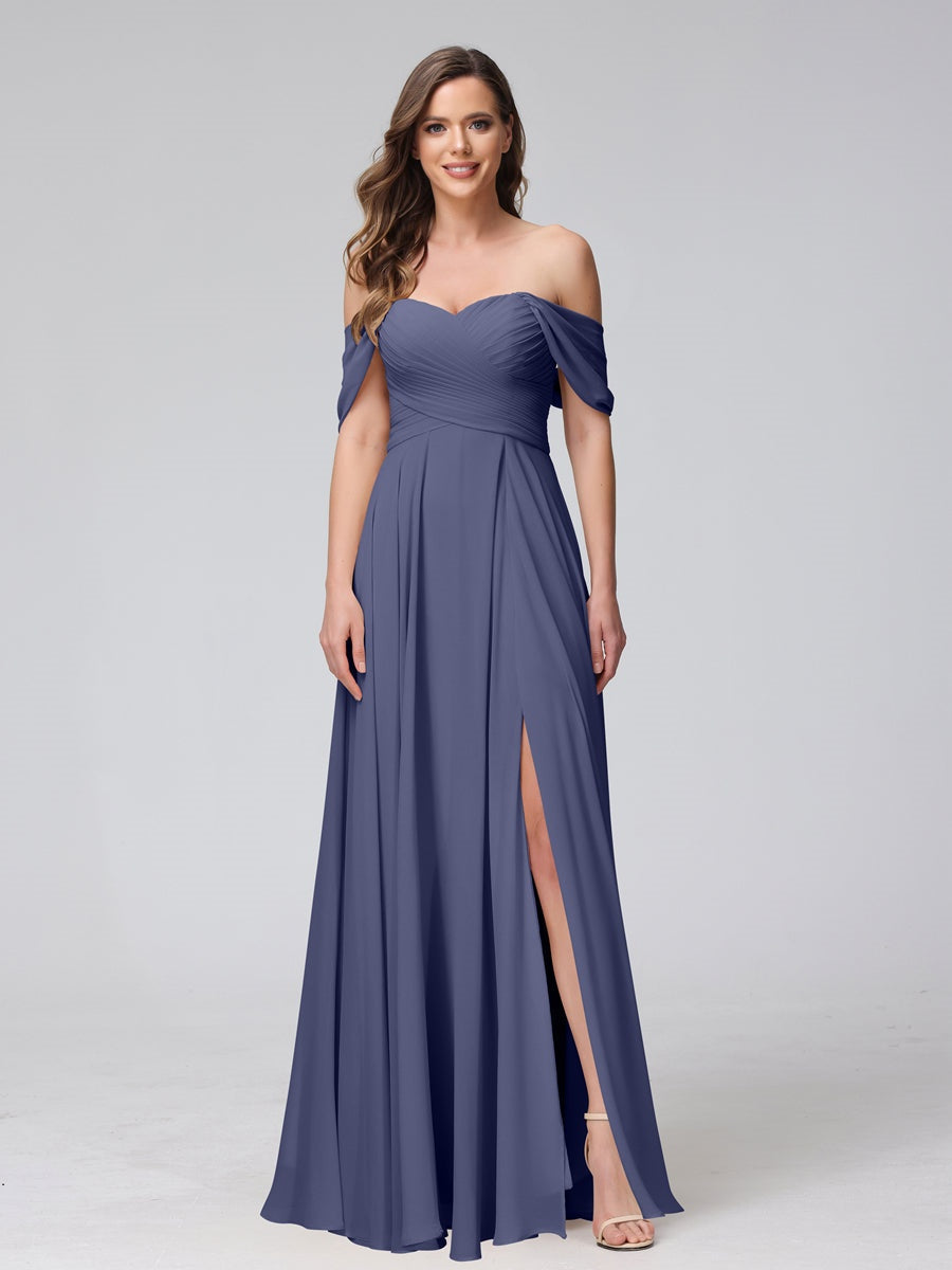 Princess A-Line Floor-Length Sleeveless Bridesmaid Dresses with Off-the-Shoulder Neckline, Side Split & Ruched Detail-BMbridal.UK