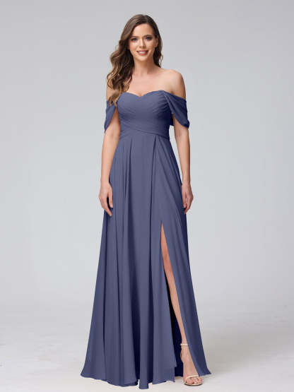 Princess A-Line Floor-Length Sleeveless Bridesmaid Dresses with Off-the-Shoulder Neckline, Side Split & Ruched Detail-BMbridal.UK