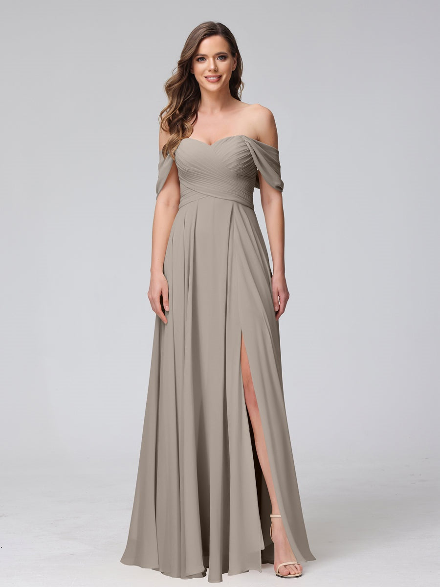Princess A-Line Floor-Length Sleeveless Bridesmaid Dresses with Off-the-Shoulder Neckline, Side Split & Ruched Detail-BMbridal.UK