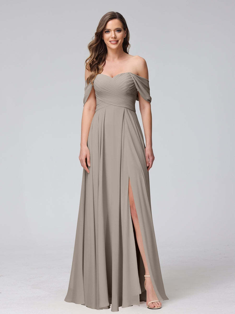 Princess A-Line Floor-Length Sleeveless Bridesmaid Dresses with Off-the-Shoulder Neckline, Side Split & Ruched Detail-BMbridal.UK