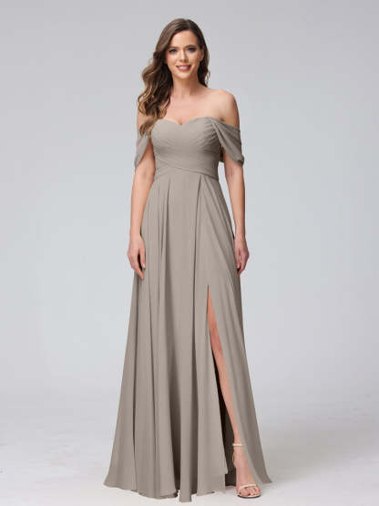 Princess A-Line Floor-Length Sleeveless Bridesmaid Dresses with Off-the-Shoulder Neckline, Side Split & Ruched Detail-BMbridal.UK