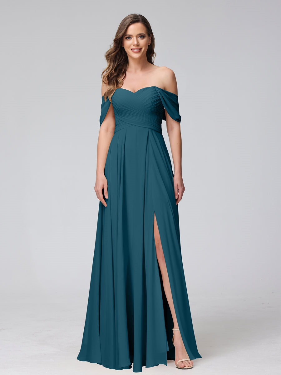 Princess A-Line Floor-Length Sleeveless Bridesmaid Dresses with Off-the-Shoulder Neckline, Side Split & Ruched Detail-BMbridal.UK