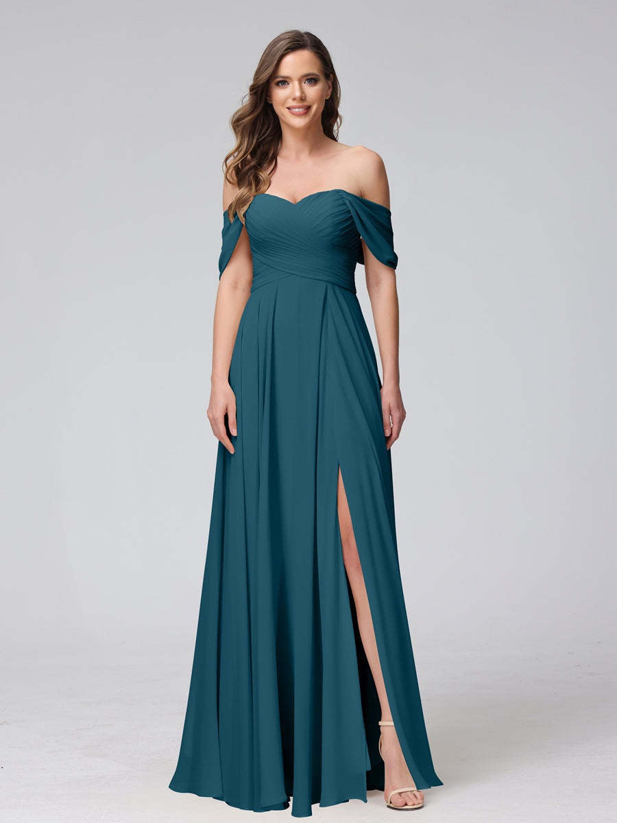 Princess A-Line Floor-Length Sleeveless Bridesmaid Dresses with Off-the-Shoulder Neckline, Side Split & Ruched Detail-BMbridal.UK
