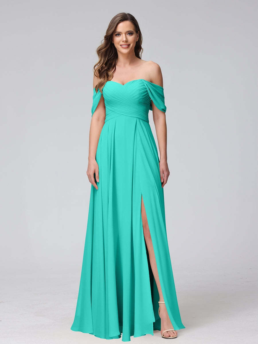 Princess A-Line Floor-Length Sleeveless Bridesmaid Dresses with Off-the-Shoulder Neckline, Side Split & Ruched Detail-BMbridal.UK