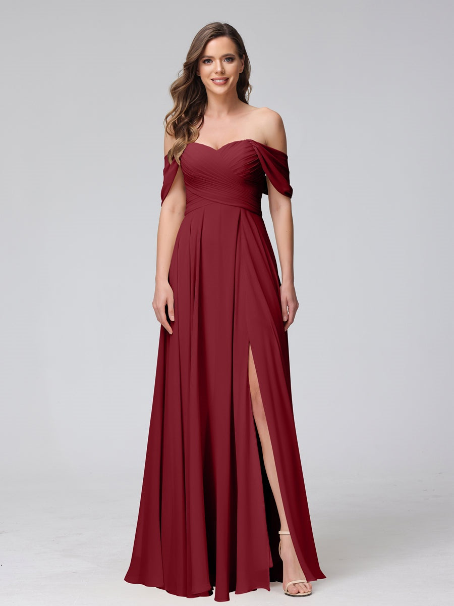 Princess A-Line Floor-Length Sleeveless Bridesmaid Dresses with Off-the-Shoulder Neckline, Side Split & Ruched Detail-BMbridal.UK