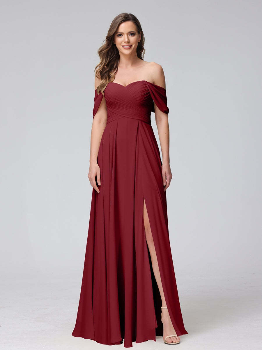 Princess A-Line Floor-Length Sleeveless Bridesmaid Dresses with Off-the-Shoulder Neckline, Side Split & Ruched Detail-BMbridal.UK