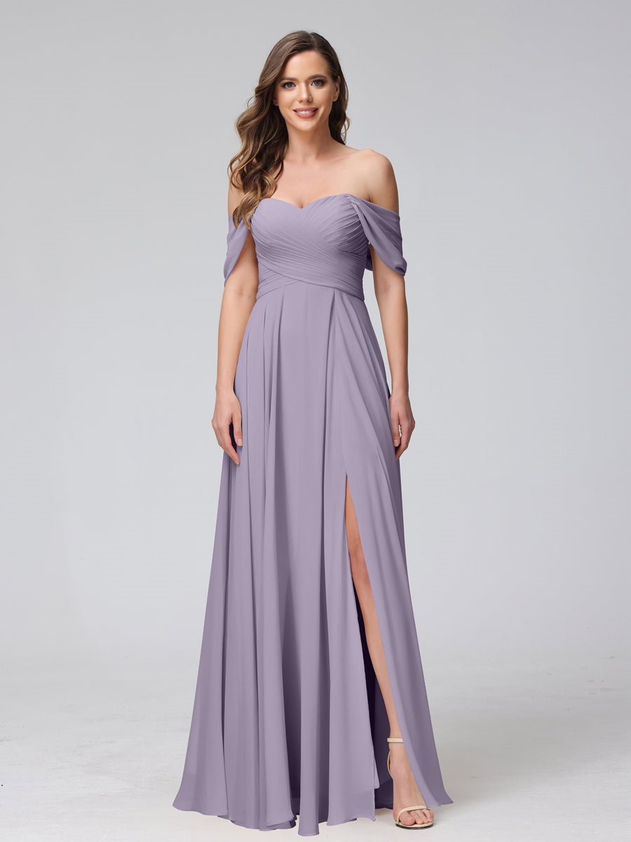Princess A-Line Floor-Length Sleeveless Bridesmaid Dresses with Off-the-Shoulder Neckline, Side Split & Ruched Detail-BMbridal.UK