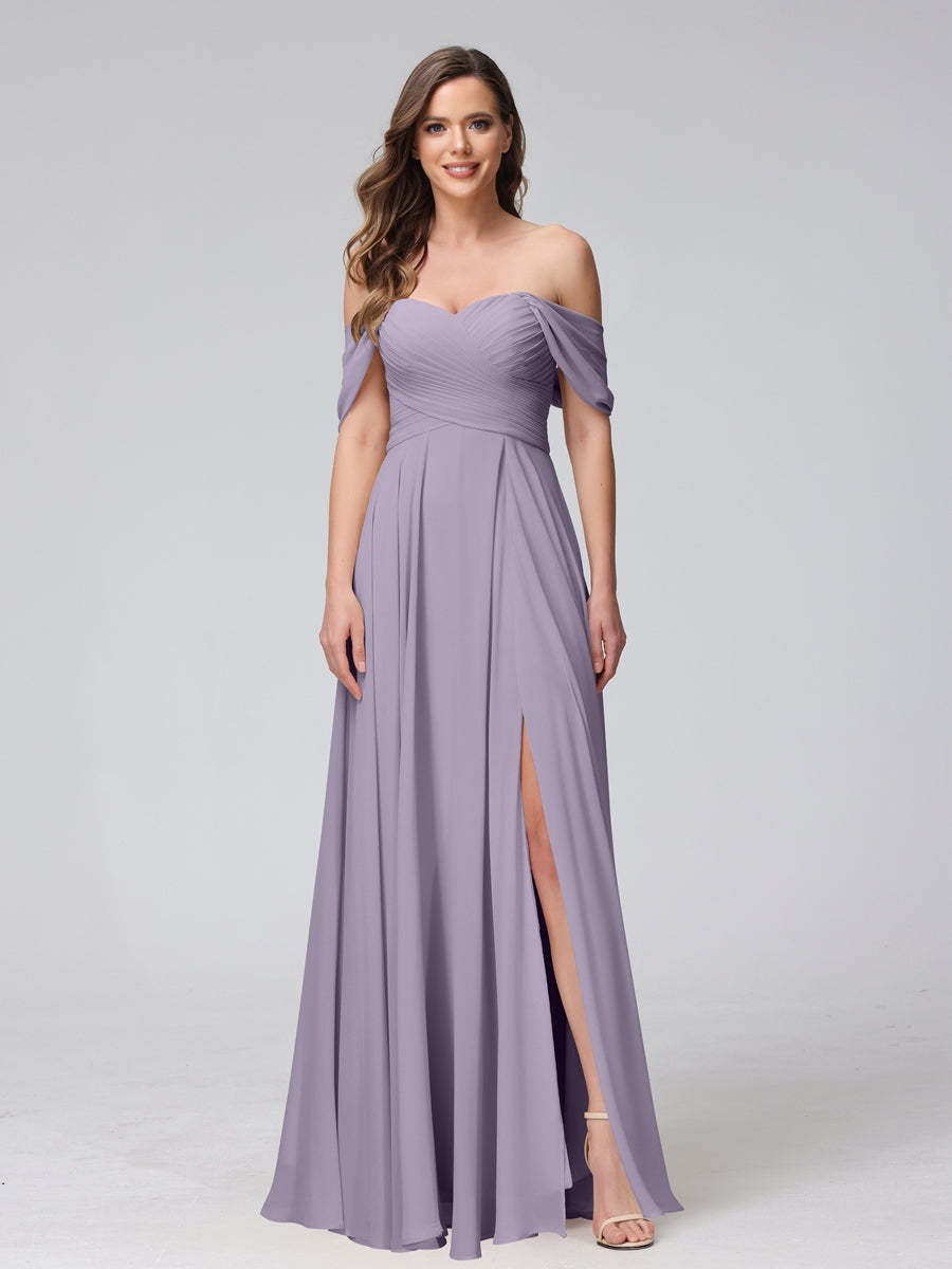Princess A-Line Floor-Length Sleeveless Bridesmaid Dresses with Off-the-Shoulder Neckline, Side Split & Ruched Detail-BMbridal.UK