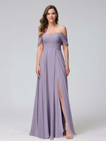 Princess A-Line Floor-Length Sleeveless Bridesmaid Dresses with Off-the-Shoulder Neckline, Side Split & Ruched Detail-BMbridal.UK