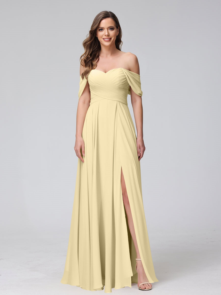 Princess A-Line Floor-Length Sleeveless Bridesmaid Dresses with Off-the-Shoulder Neckline, Side Split & Ruched Detail-BMbridal.UK