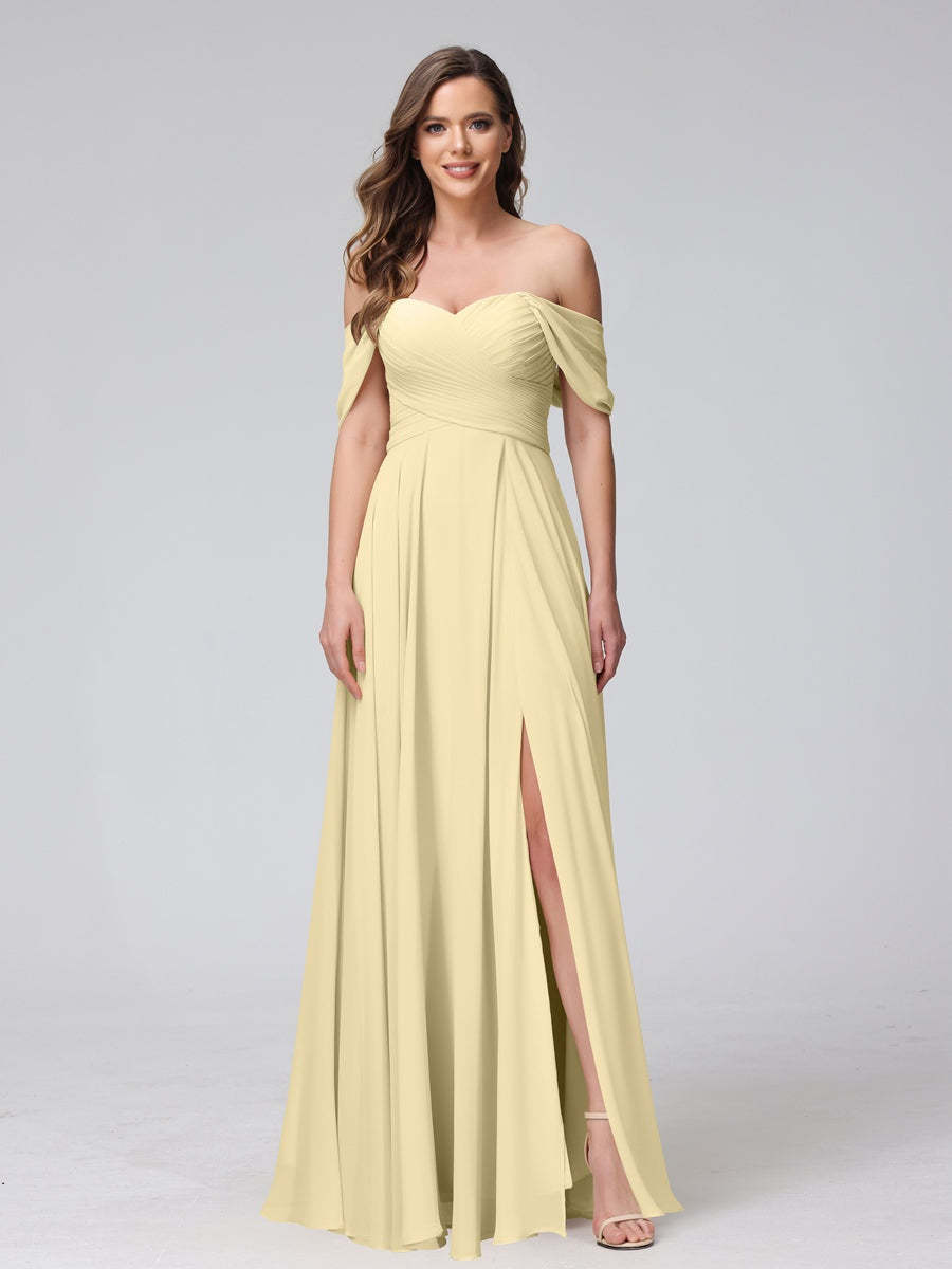 Princess A-Line Floor-Length Sleeveless Bridesmaid Dresses with Off-the-Shoulder Neckline, Side Split & Ruched Detail-BMbridal.UK