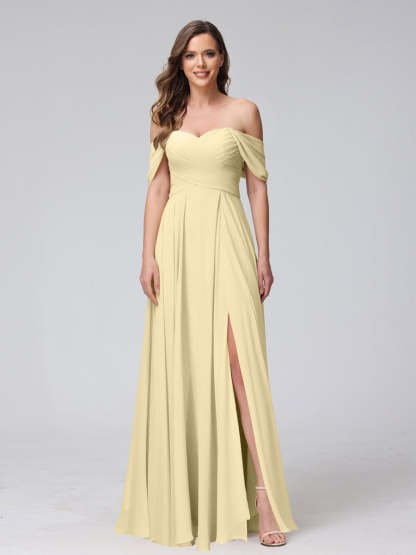 Princess A-Line Floor-Length Sleeveless Bridesmaid Dresses with Off-the-Shoulder Neckline, Side Split & Ruched Detail-BMbridal.UK