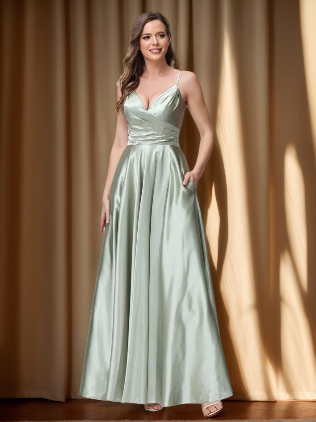 V-Neck Sleeveless A-Line Silk Satin Bridesmaid Dress with Pockets and Side Split