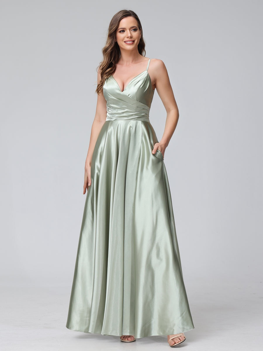 V-Neck Sleeveless A-Line Silk Satin Bridesmaid Dress with Pockets and Side Split