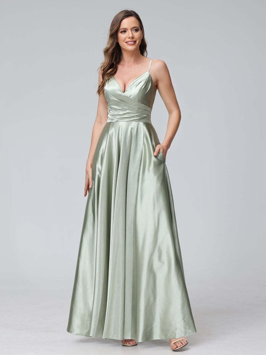 V-Neck Sleeveless A-Line Silk Satin Bridesmaid Dress with Pockets and Side Split