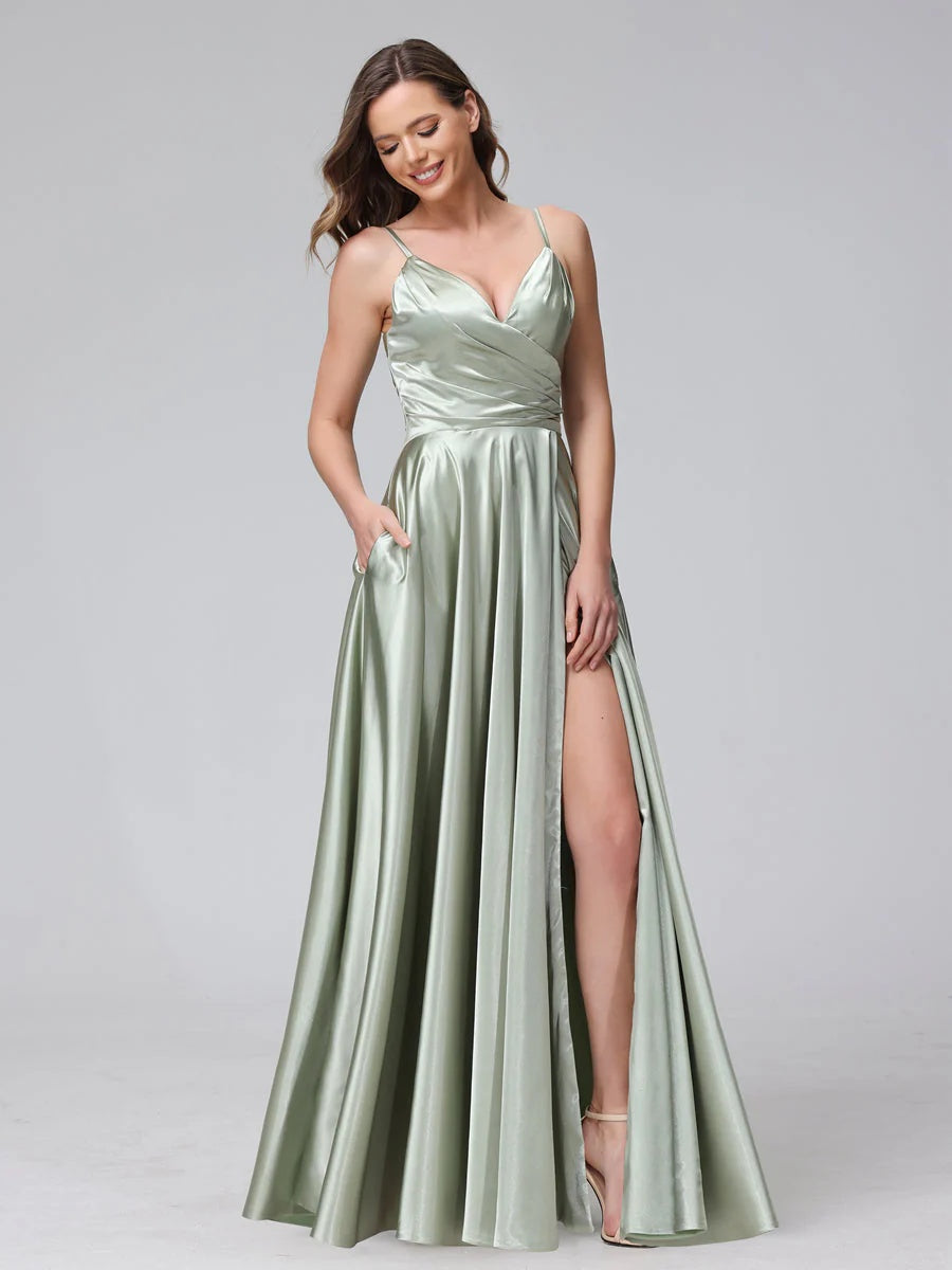 V-Neck Sleeveless A-Line Silk Satin Bridesmaid Dress with Pockets and Side Split