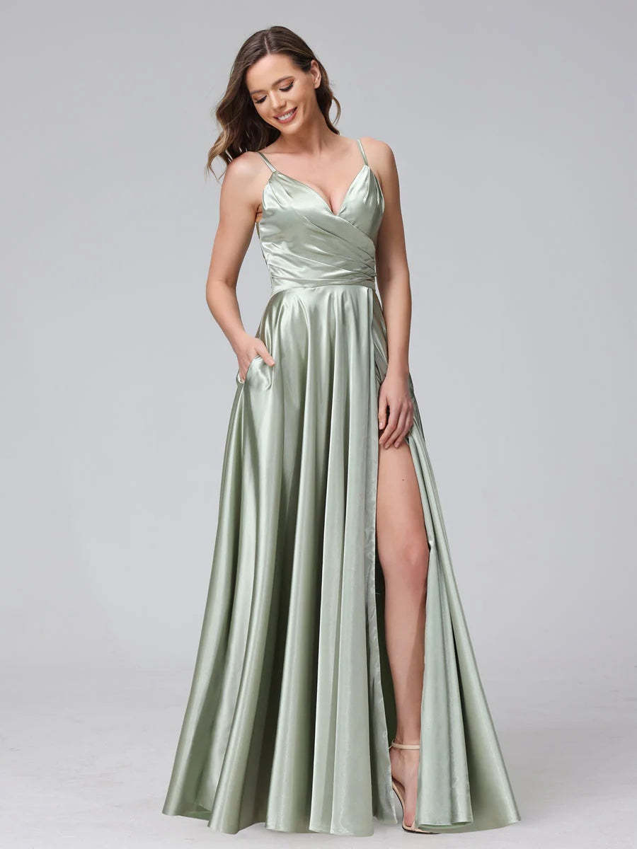 V-Neck Sleeveless A-Line Silk Satin Bridesmaid Dress with Pockets and Side Split