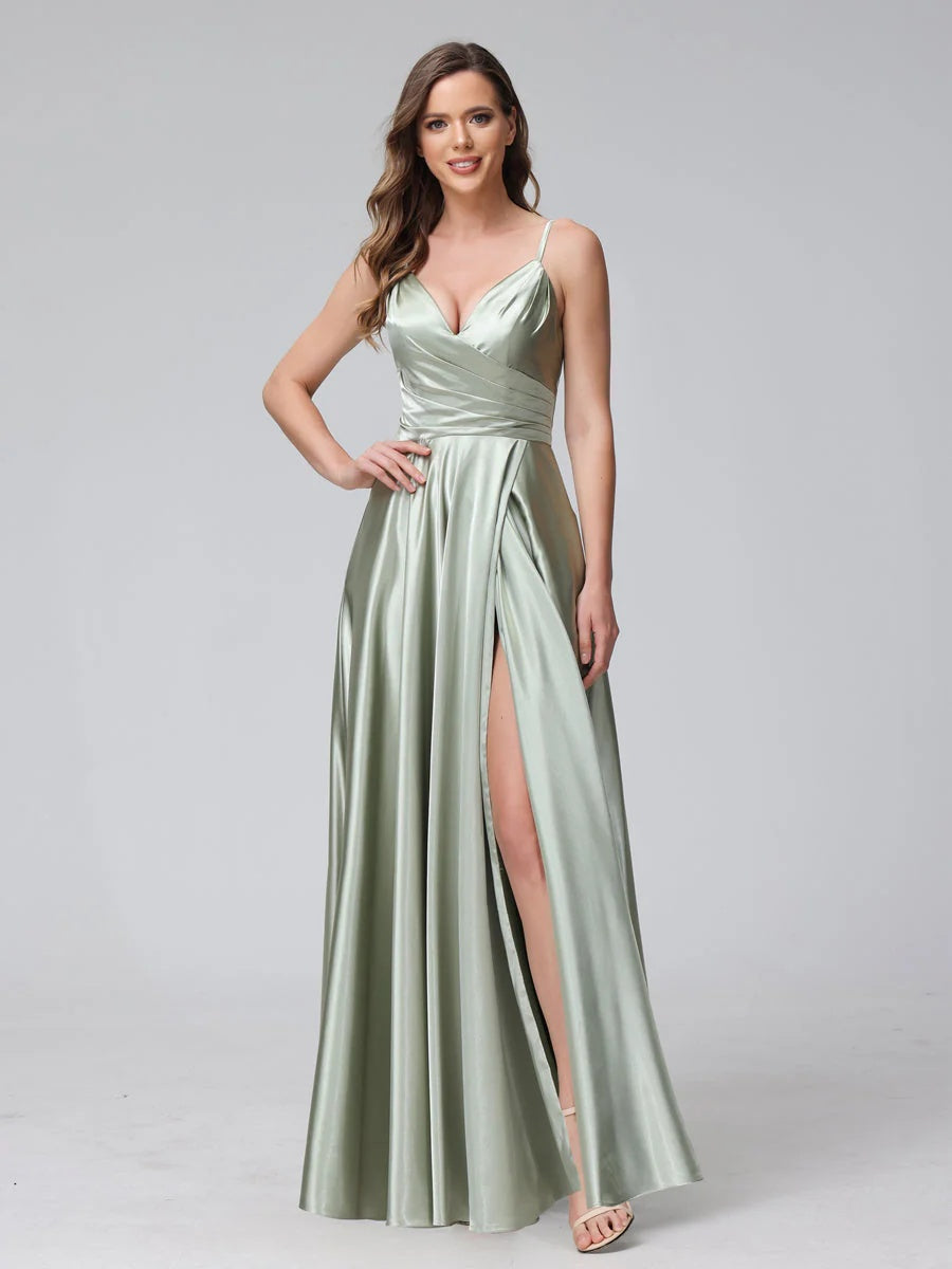 V-Neck Sleeveless A-Line Silk Satin Bridesmaid Dress with Pockets and Side Split