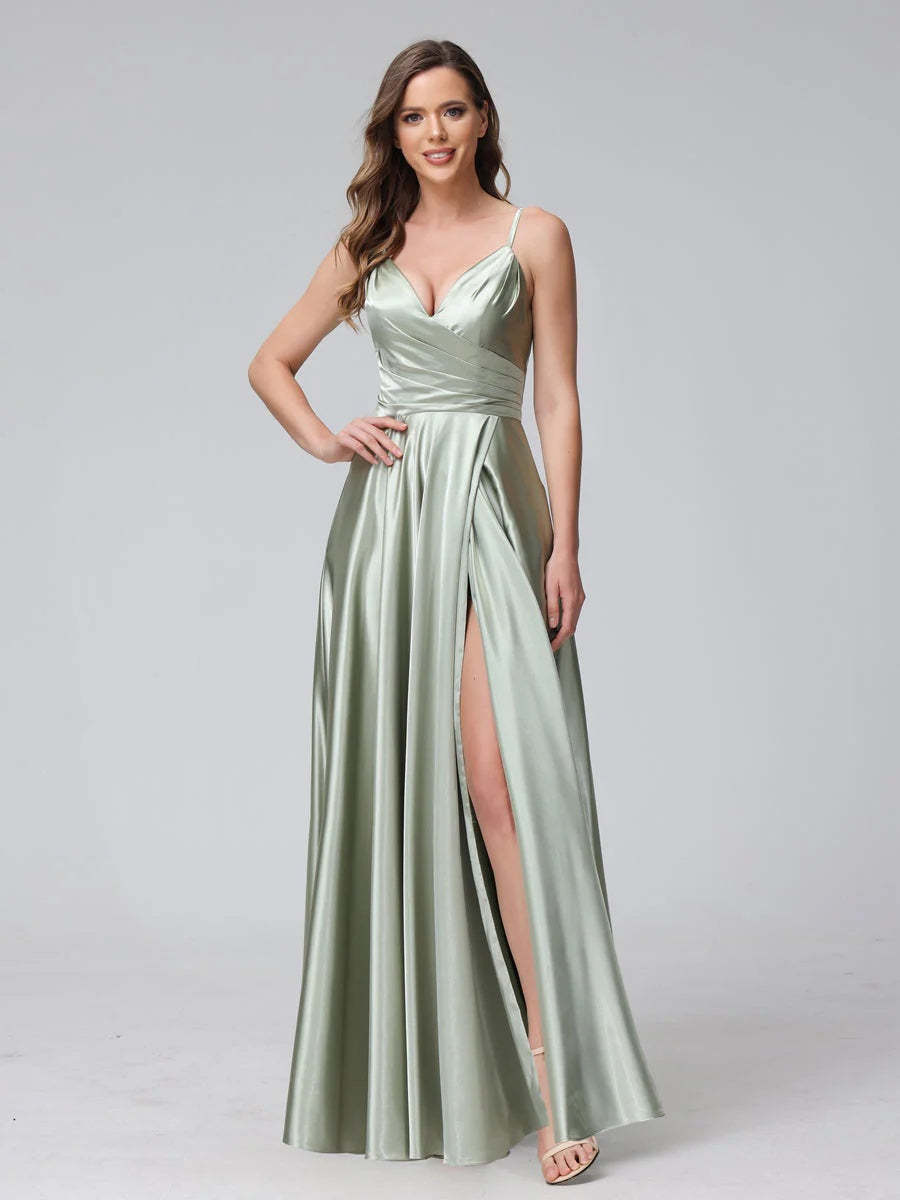 V-Neck Sleeveless A-Line Silk Satin Bridesmaid Dress with Pockets and Side Split