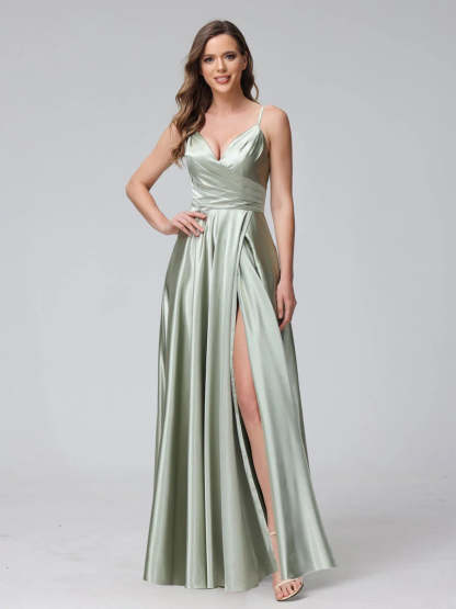 V-Neck Sleeveless A-Line Silk Satin Bridesmaid Dress with Pockets and Side Split