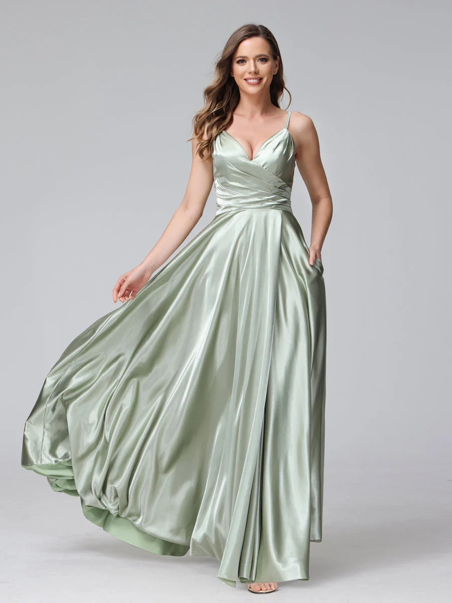 V-Neck Sleeveless A-Line Silk Satin Bridesmaid Dress with Pockets and Side Split