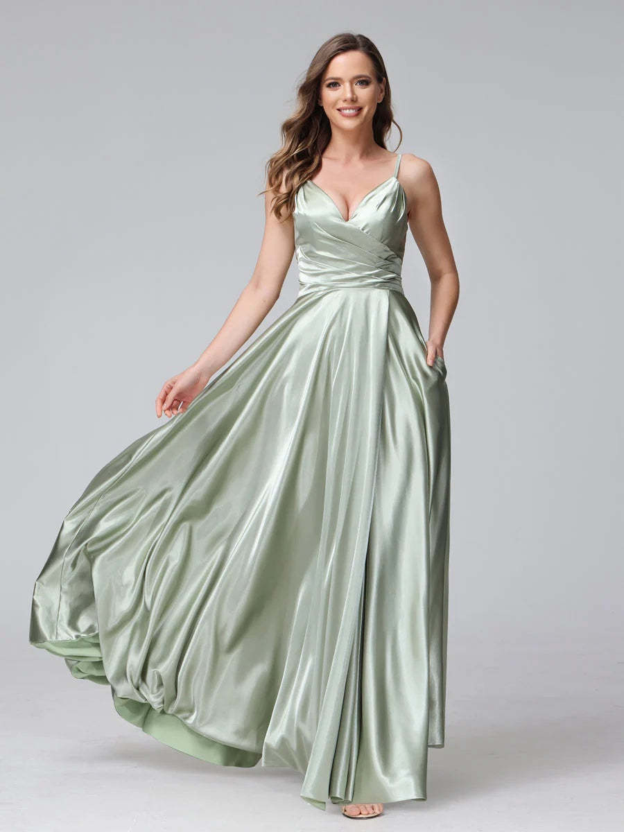 V-Neck Sleeveless A-Line Silk Satin Bridesmaid Dress with Pockets and Side Split