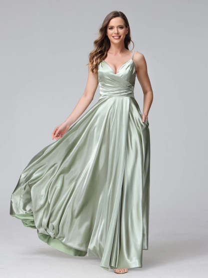 V-Neck Sleeveless A-Line Silk Satin Bridesmaid Dress with Pockets and Side Split