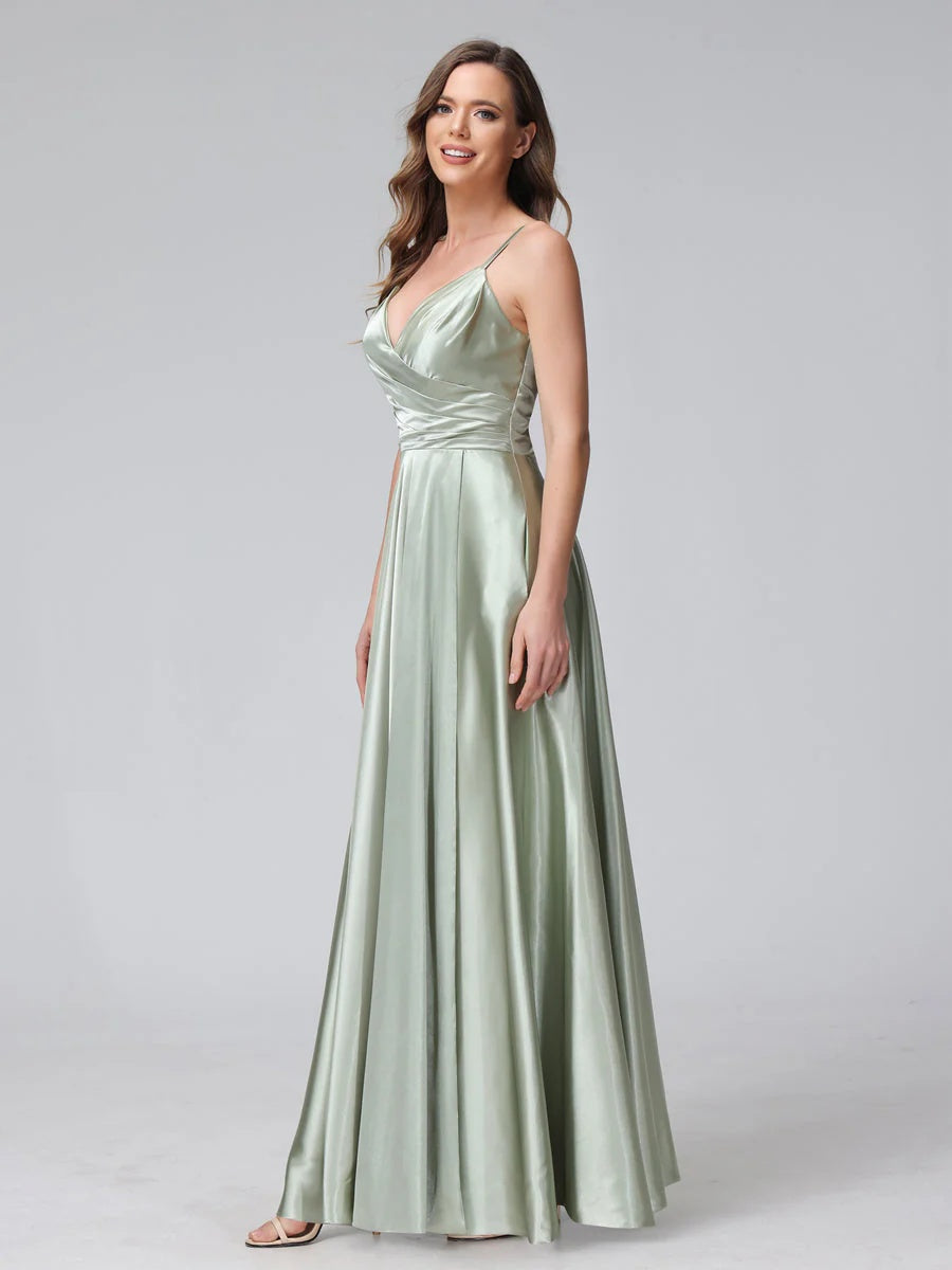 V-Neck Sleeveless A-Line Silk Satin Bridesmaid Dress with Pockets and Side Split