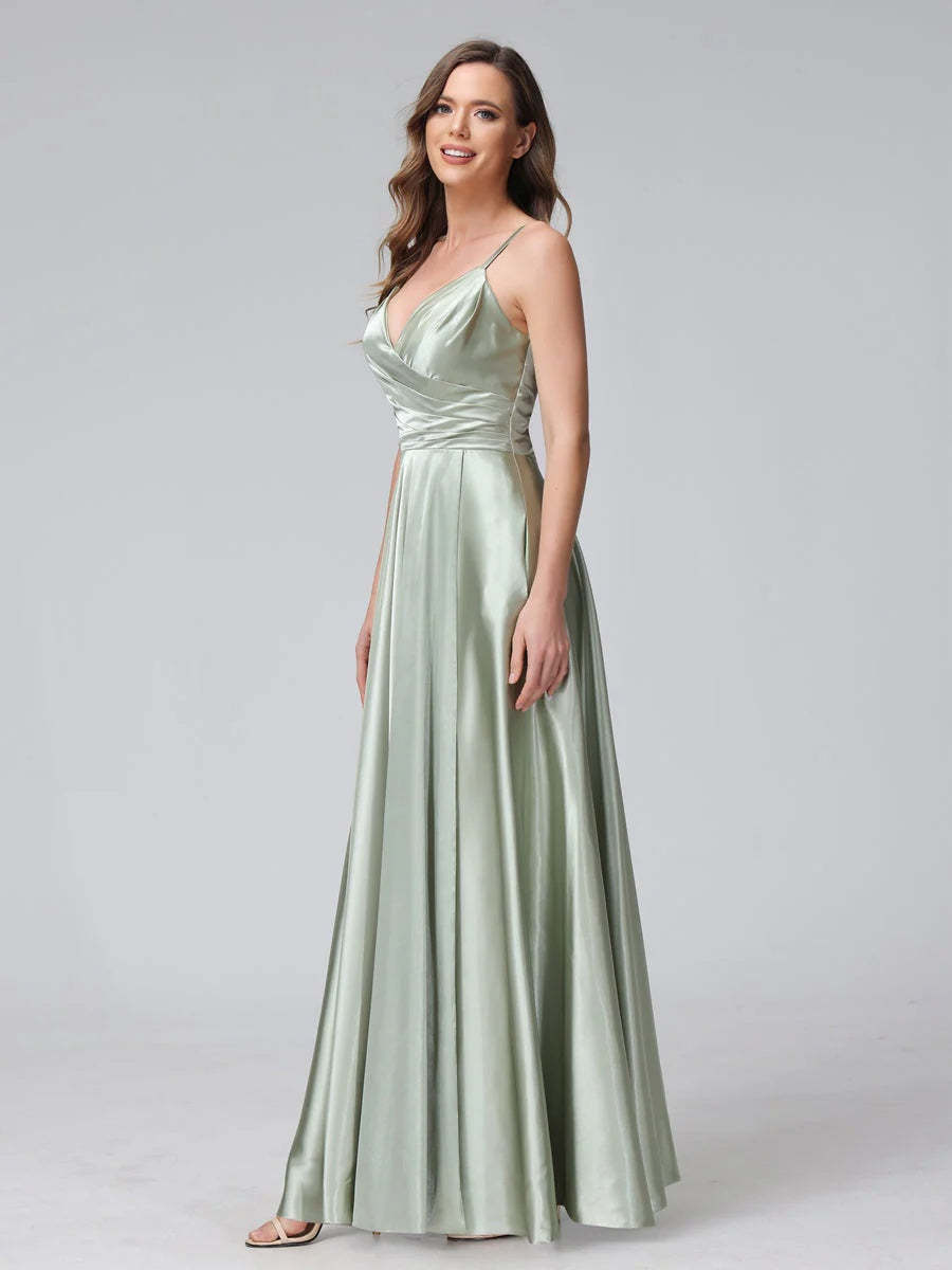 V-Neck Sleeveless A-Line Silk Satin Bridesmaid Dress with Pockets and Side Split