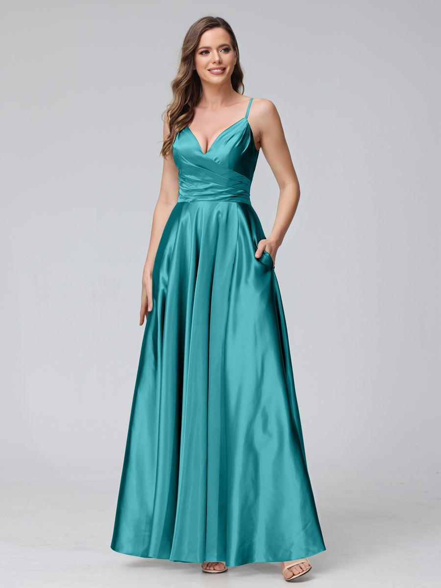 V-Neck Sleeveless A-Line Silk Satin Bridesmaid Dress with Pockets and Side Split