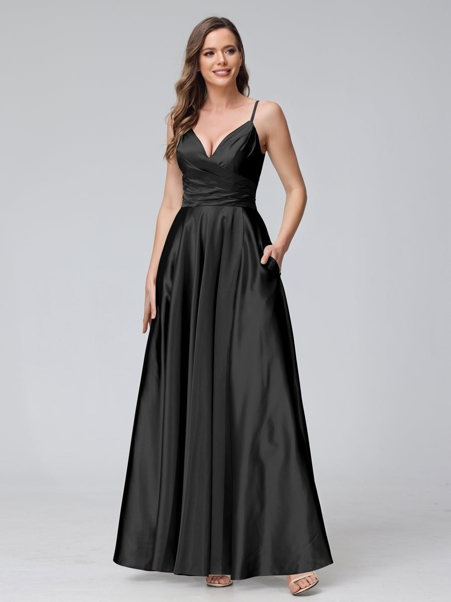 V-Neck Sleeveless A-Line Silk Satin Bridesmaid Dress with Pockets and Side Split