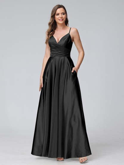 V-Neck Sleeveless A-Line Silk Satin Bridesmaid Dress with Pockets and Side Split