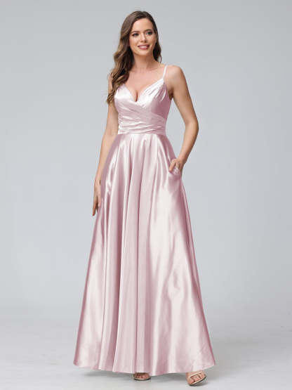 V-Neck Sleeveless A-Line Silk Satin Bridesmaid Dress with Pockets and Side Split